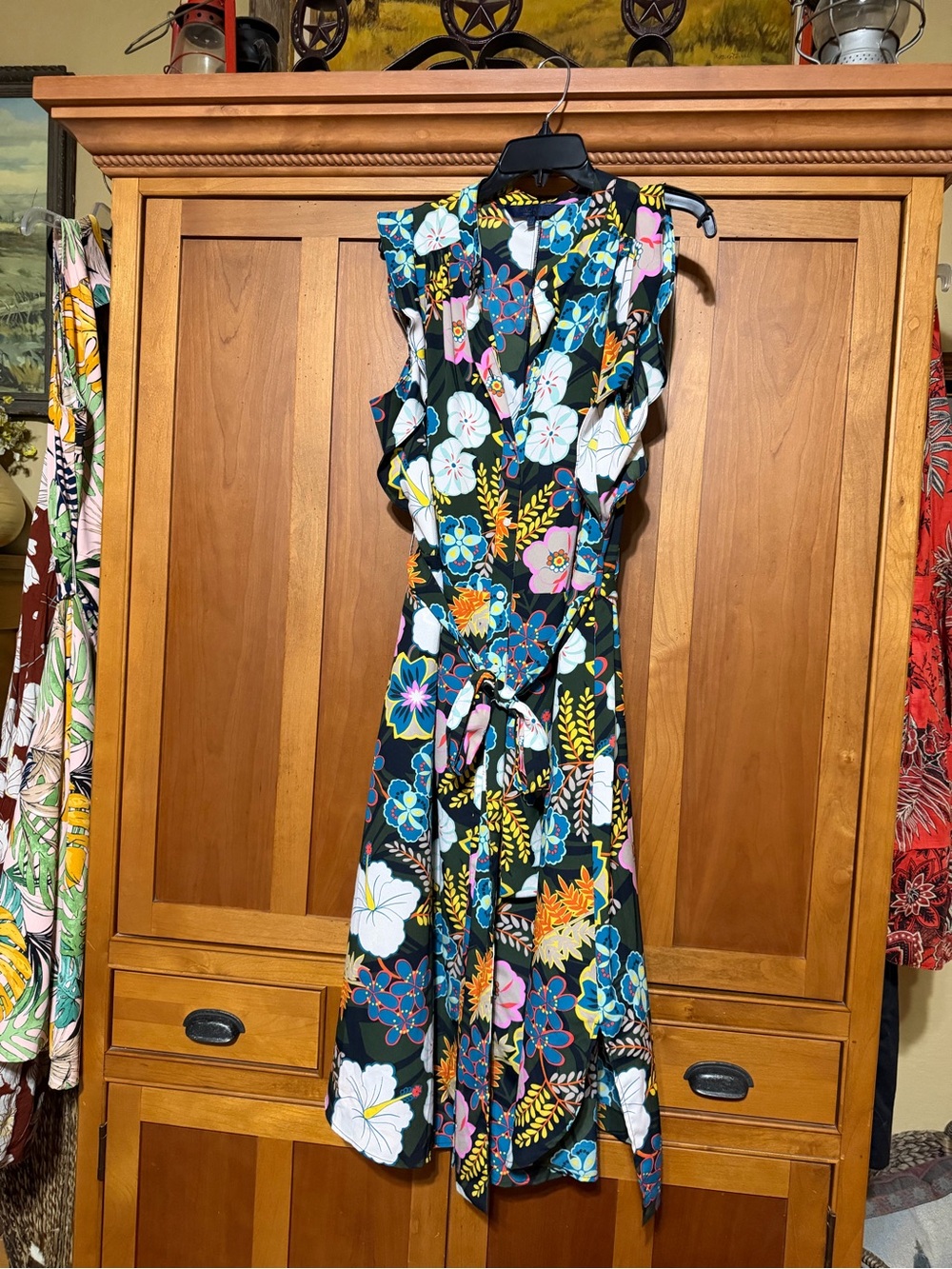 Floral Tie-Waist Sleeveless Dress in Black with Multicolor Blooms